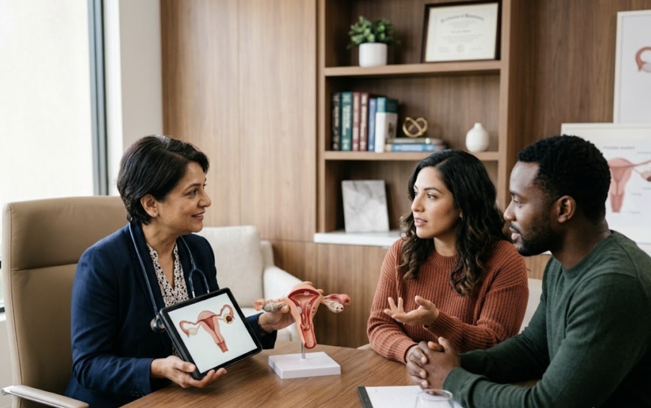 Endometrioma treatment consultation at IVFLA Fertility Fertility physician showing a couple a tablet and a model of the uterus and ovaries during a consultation