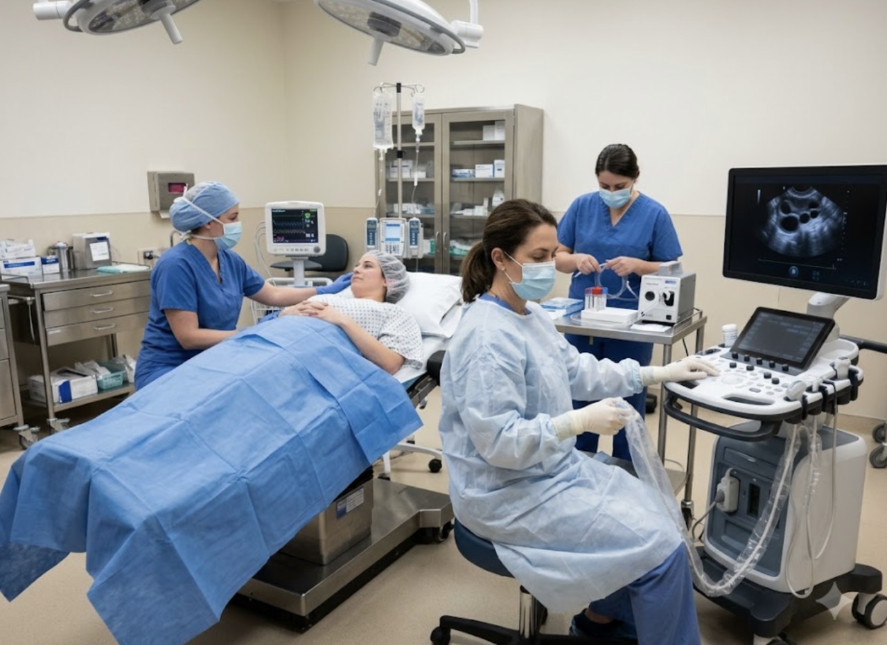 Minimally invasive endometrioma care Clinical team performing an ultrasound-guided ovarian procedure with the scan visible on screen