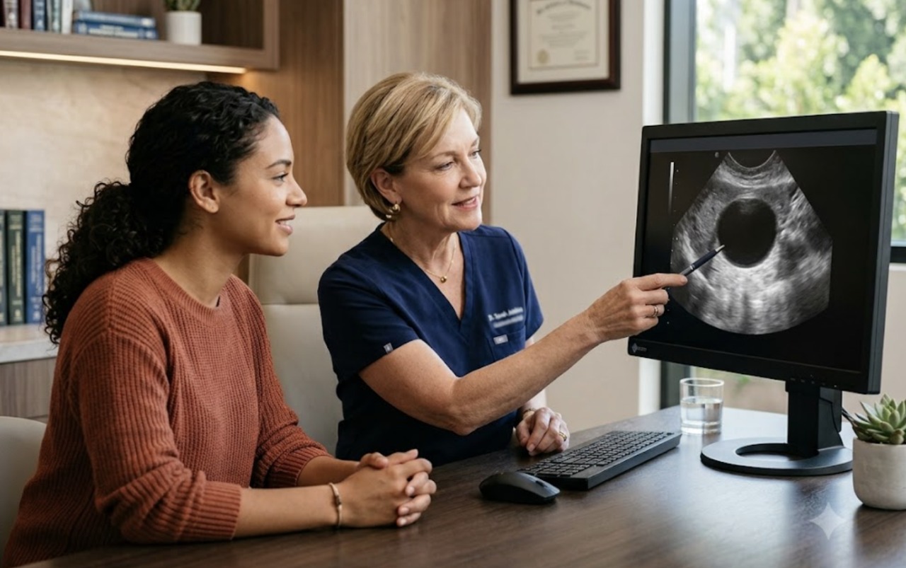 Understanding endometrioma and chocolate cyst treatment Physician explaining an ovarian ultrasound during an endometrioma consultation