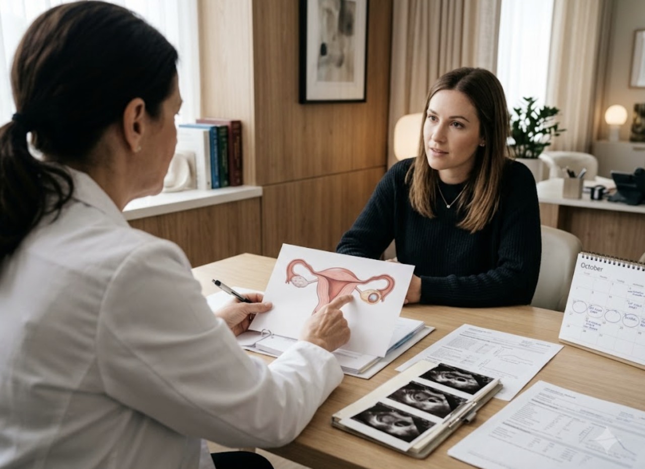 Why patients choose IVFLA Fertility for endometrioma treatment Physician explaining an ovarian diagram to a patient with ultrasound printouts and a calendar on the desk